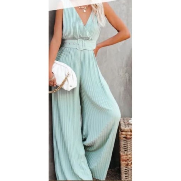 On Twelfth Women's Sage Green Deep V Neck Pleated Wide Leg Belt Jumpsuit - Picture 1 of 7
